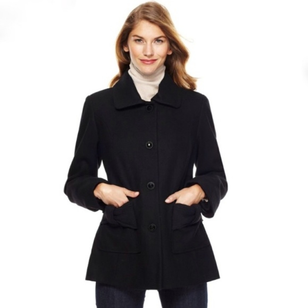 Betsey Johnson Coat Wool Bow Pocket City Urban Classic Designer Quirky Black